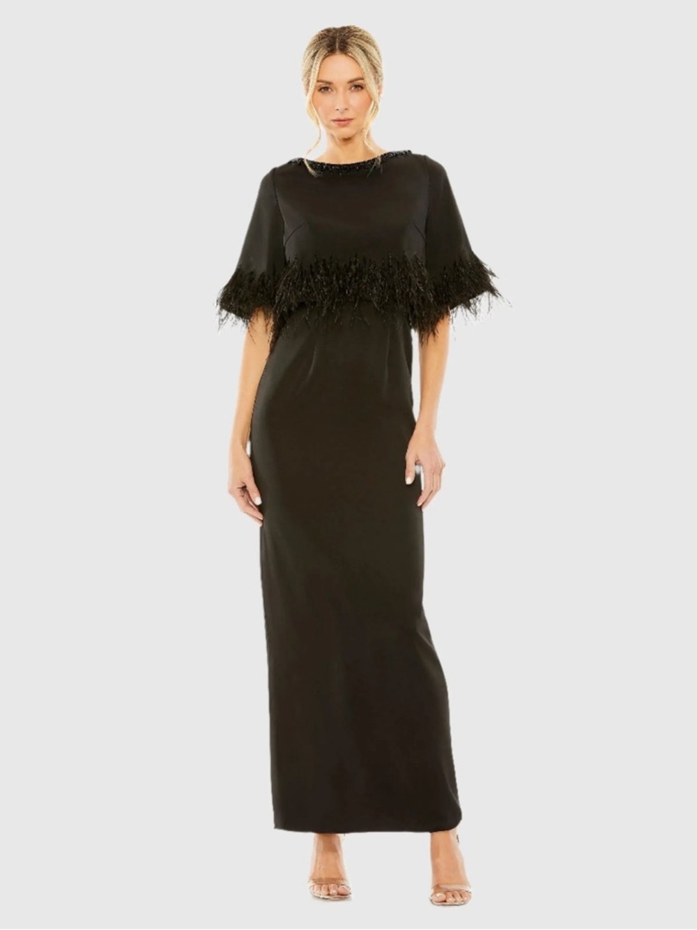 Mac Duggal 11787 Short Sleeve Feather Detail Crystal Neckline Dress SIze 14 NWT